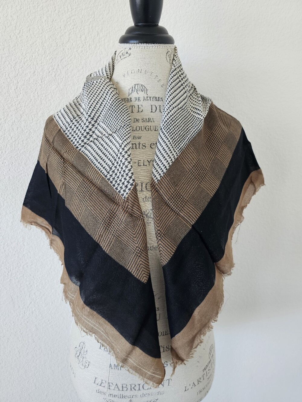 Vintage Italian Rayon Square Scarf Robinson's Houndstooth Glen Plaid Tan Black